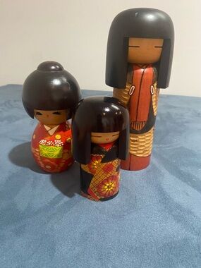 Hand-Painted Red and Black Kokeshi Doll Trio - Decorative Home Accent